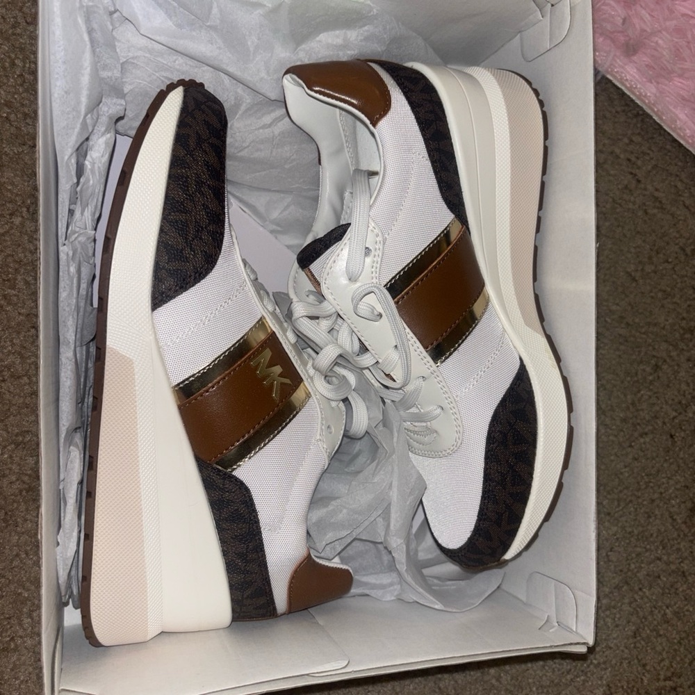 Michael Kors White, Brown & Dark Brown Logo-Accent Platform Sneakers